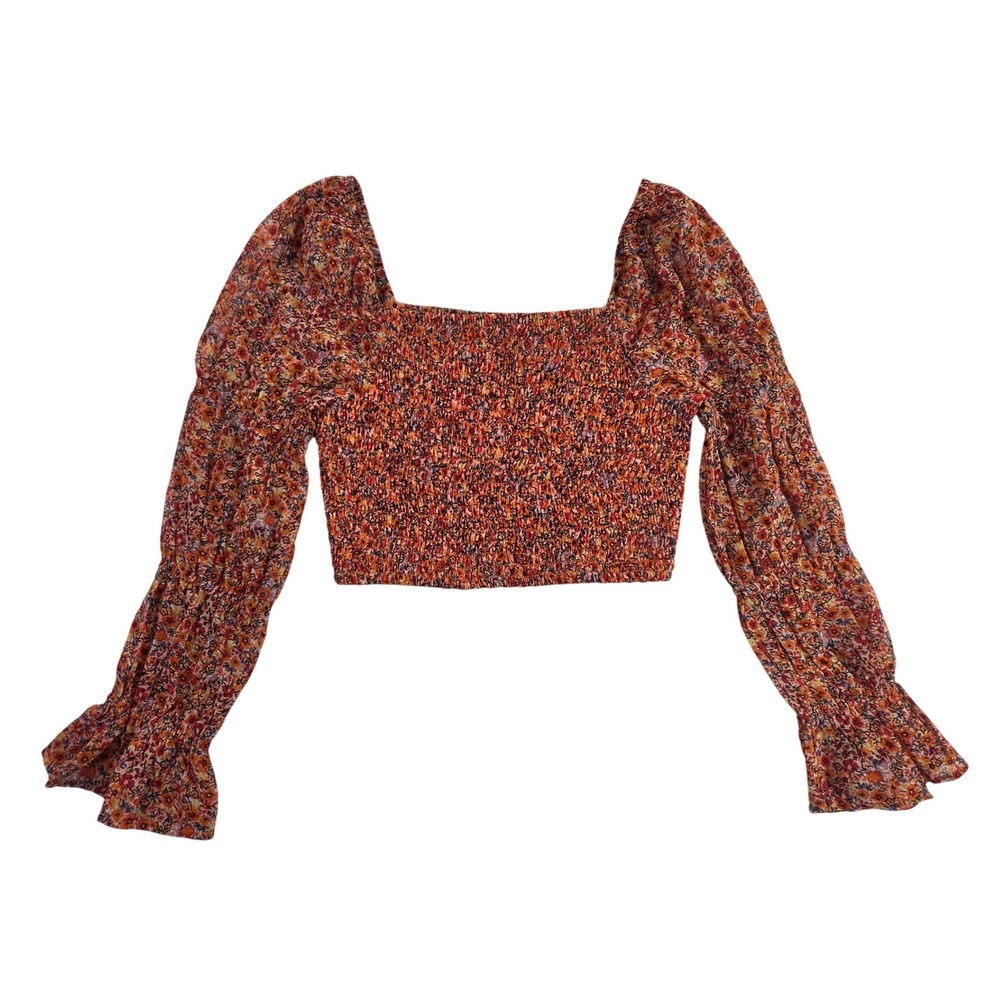 Violet Romance Orange Floral Smocked Crop Top Long Sleeve VRTP20 Size 8 NEW
